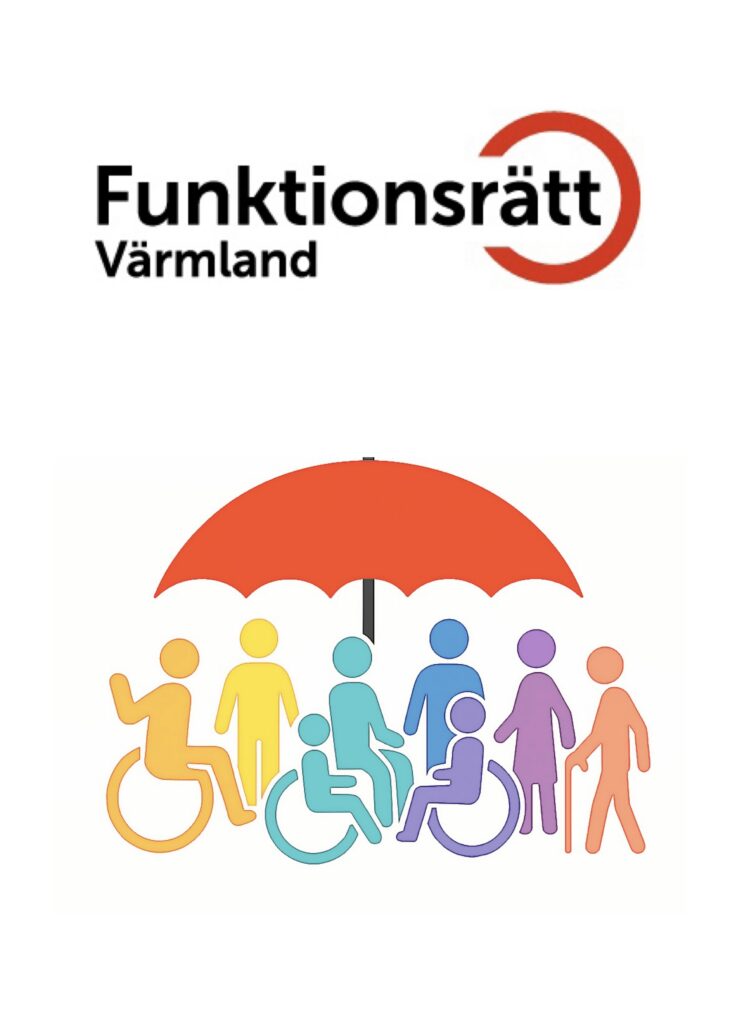 Under orden Funktionsrätt Värmland hänger ett rött paraply under paraplyet finns färgglada silhuetter av människor ett par av dessa sitter i rullstol, andra går med käpp medan andra ser ut att kunna ta sig fram obehindrat
