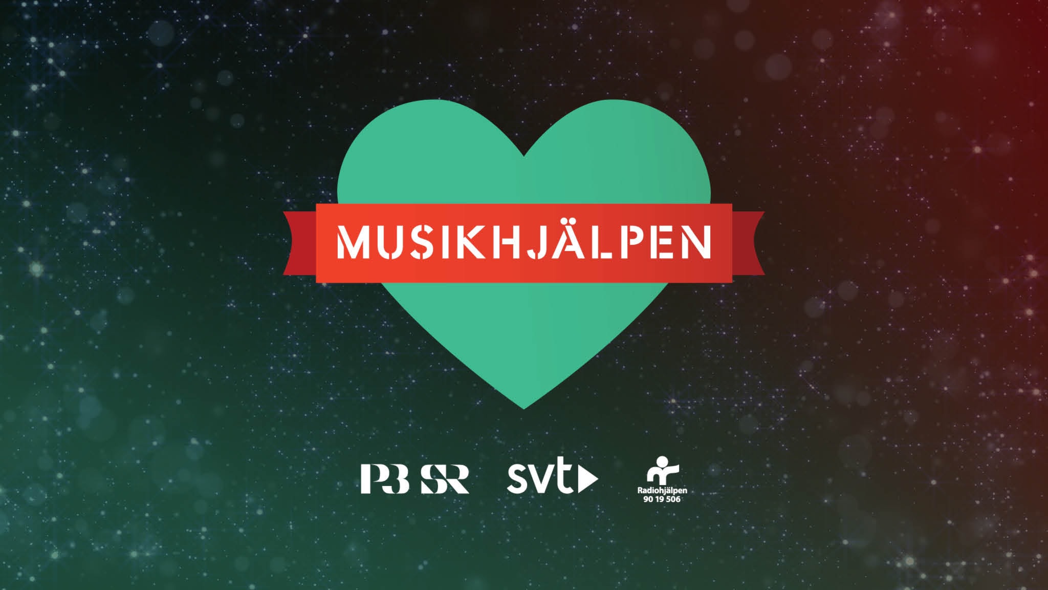 Musikhjälpens logotyp mot en gröön bakgrund tillsammans med loggorna för de tre arrangörerna, Sveriges television, Sveriges radio och Radiohjälpen