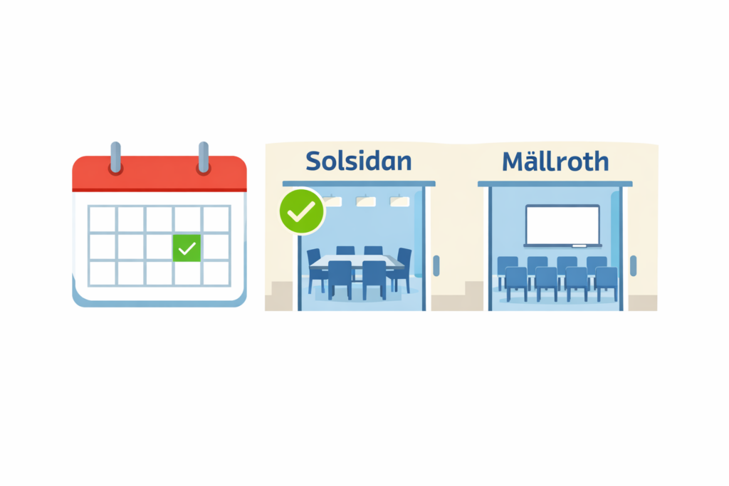 Bild som visar en kalender och två bokningsbara lokaler, med en markering för en tid som är bokad.