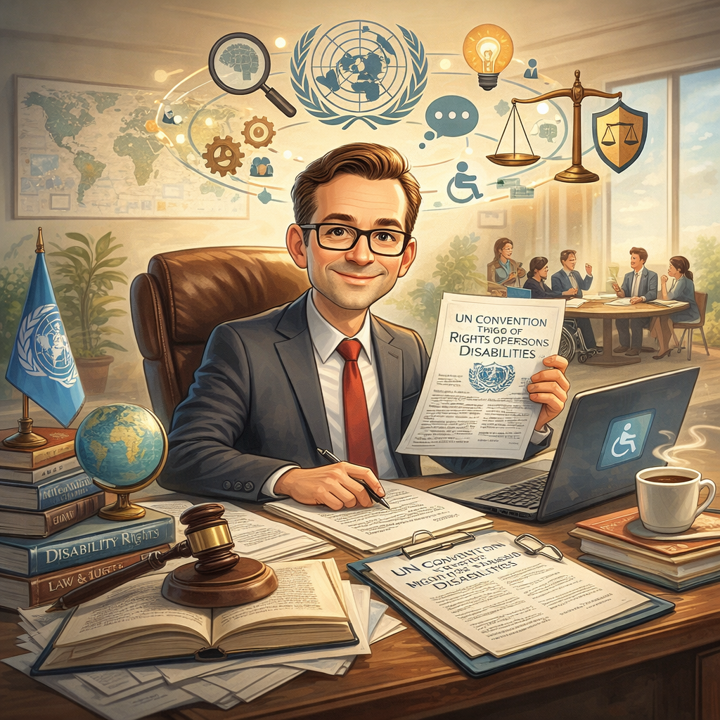 En man sitter vid ett skrivbord. Runt omkring honom syns symboler med stor betydelse för konventionen och i bakgrunden syns en grupp människor vid ett ovalt mötesbord.