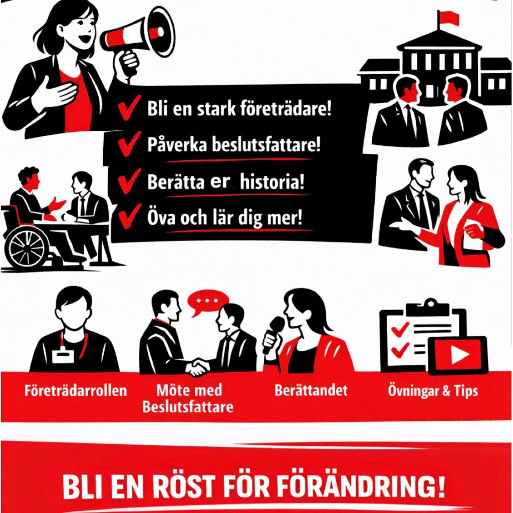 En ilustration i svart, vitt och rött av människor som diskuterar, förhandlar eller skriker ut sina budskap i megafon.