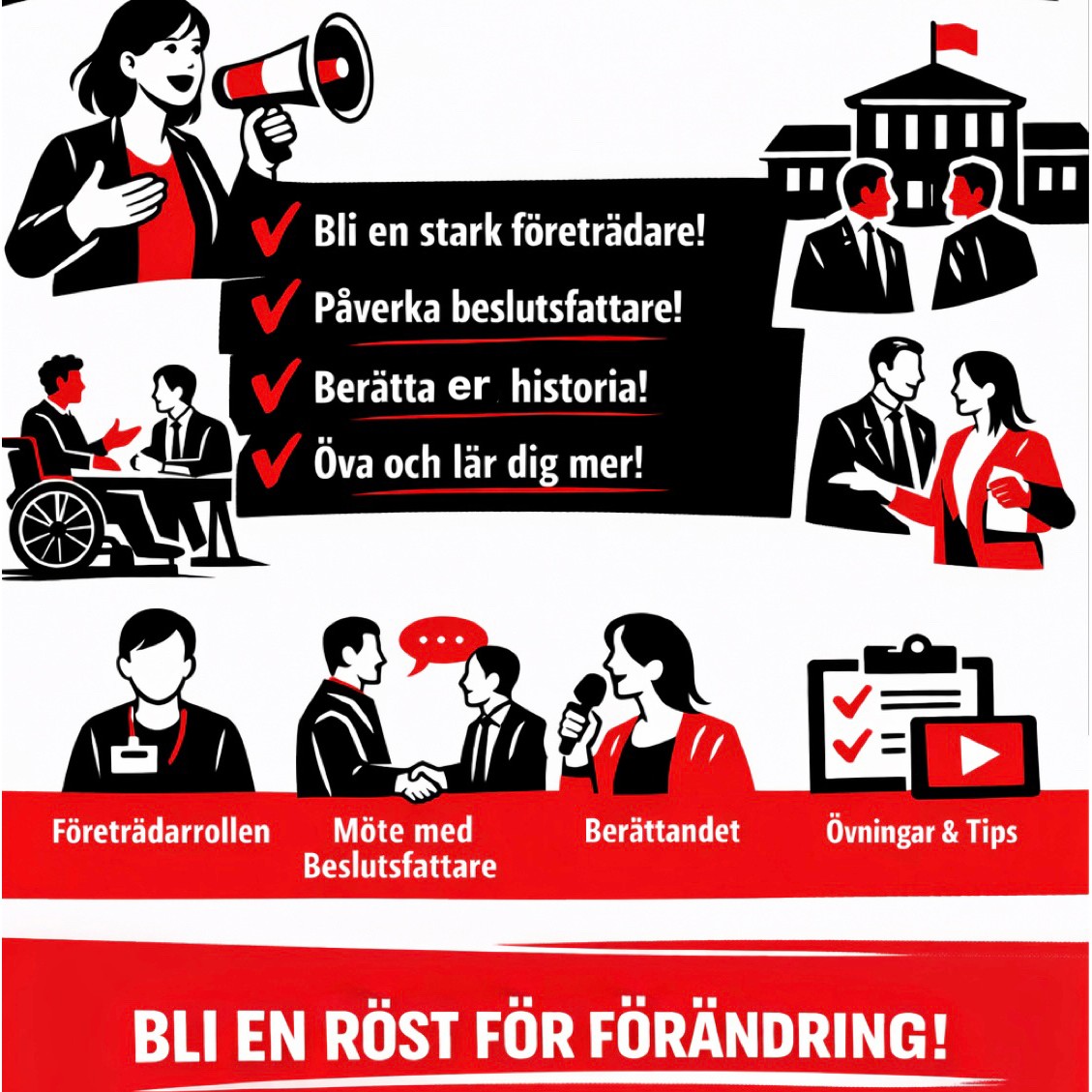 En ilustration i svart, vitt och rött av människor som diskuterar, förhandlar eller skriker ut sina budskap i megafon.