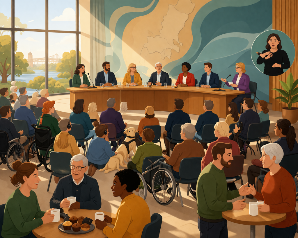 Stiliserad ilustration som visar människor i panelsamtal och en teckenspråkstolk som tolkar. I rummet sitter människor och lyssnar på panelsamtalet, medan andra sitter och fikar.