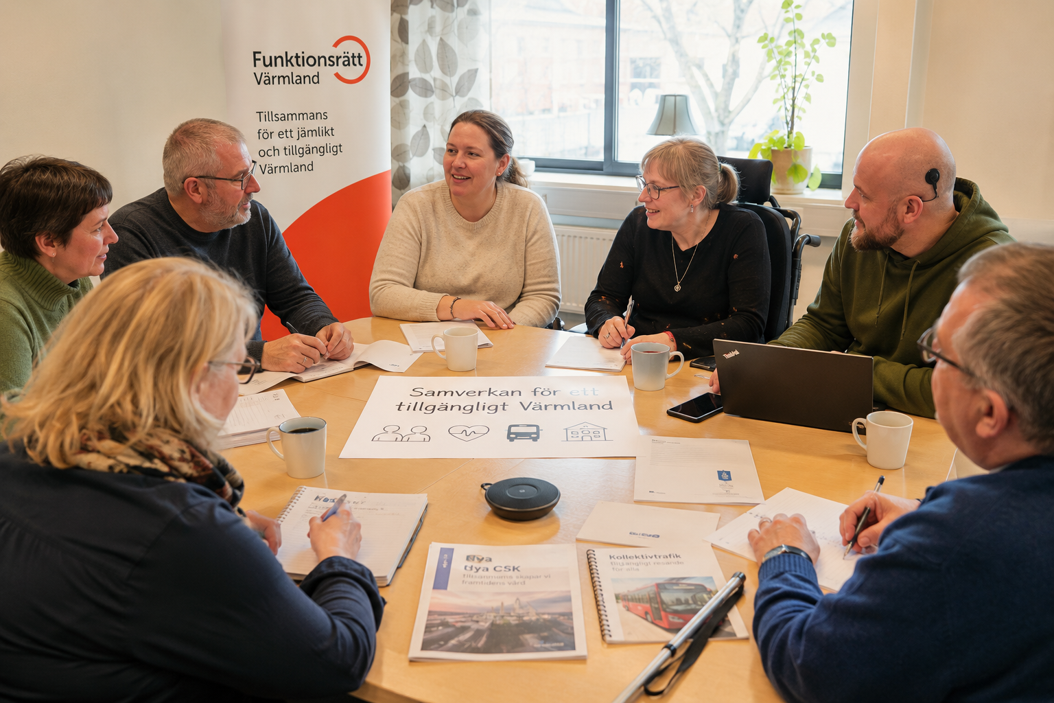 Personer med olika erfarenheter och funktionsnedsättningar sitter samlade runt ett mötesbord och diskuterar frågor som rör tillgänglighet och delaktighet i Värmland. På bordet ligger dokument om kollektivtrafik och Nya CSK. I bakgrunden syns Funktionsrätt Värmlands rollup.