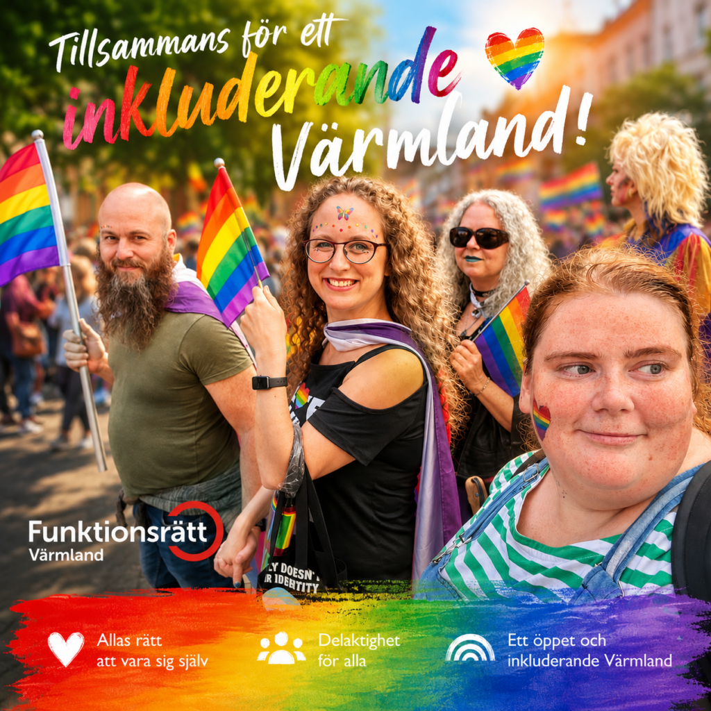 Grafisk Pridebild med en grupp människor som går i ett Pride-tåg och håller regnbågsflaggor. Flera personer har regnbågsmålning i ansiktet och bär Prideaccessoarer. Överst står texten “Tillsammans för ett inkluderande Värmland!”. Funktionsrätt Värmlands logotyp finns nere till vänster. Längst ned finns en regnbågsfärgad banderoll med texterna “Allas rätt att vara sig själv”, “Delaktighet för alla” och “Ett öppet och inkluderande Värmland”.