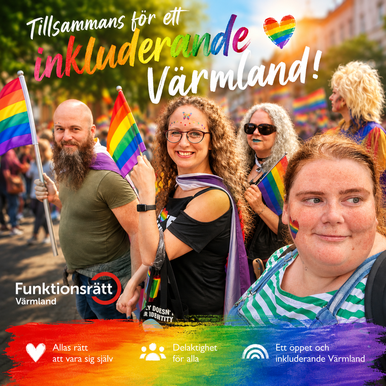 Grafisk Pridebild med en grupp människor som går i ett Pride-tåg och håller regnbågsflaggor. Flera personer har regnbågsmålning i ansiktet och bär Prideaccessoarer. Överst står texten “Tillsammans för ett inkluderande Värmland!”. Funktionsrätt Värmlands logotyp finns nere till vänster. Längst ned finns en regnbågsfärgad banderoll med texterna “Allas rätt att vara sig själv”, “Delaktighet för alla” och “Ett öppet och inkluderande Värmland”.